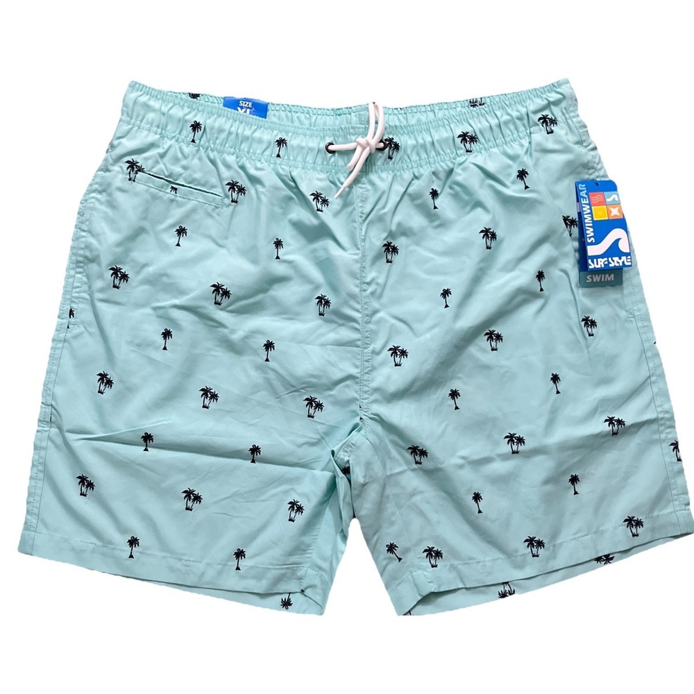 Surf Style Men's Swim Shorts XL Aqua palm Trees Beach Island Resort Ocean pool